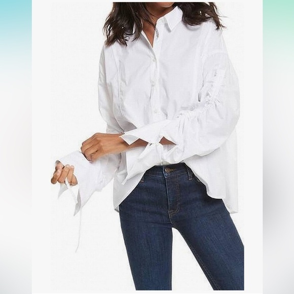 Free People Brown Eyed Girl White Poplin Boyfriend Ruched Sleeves Blouse Shirt - Picture 11 of 15